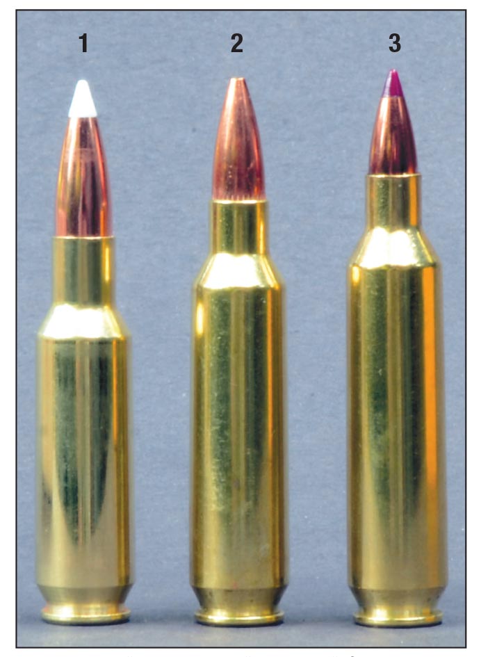 Because they were designed for use in AR-15 rifles, maximum cartridge lengths for the (1) .24 Nosler, (2) .22 Nosler and (3) .20 Nosler are the same as for the .223 Remington.